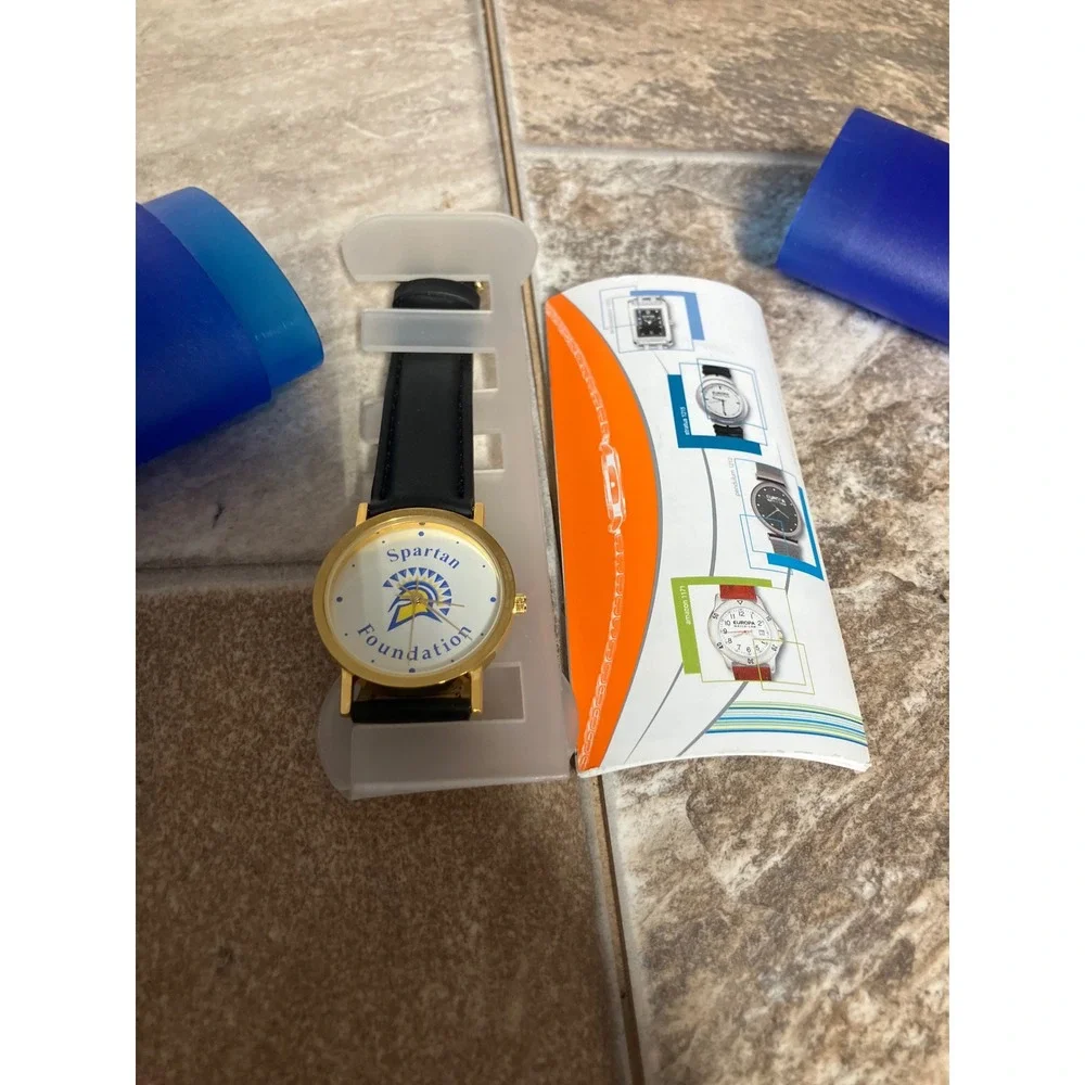 Europa Spartan Foundation Watch Gold Tone Black Band Blue Pill Case New